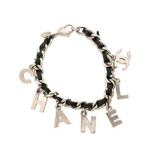CHANEL 04V Vintage Logo Black Leather & Silver Chain Letter Charms Bracelet